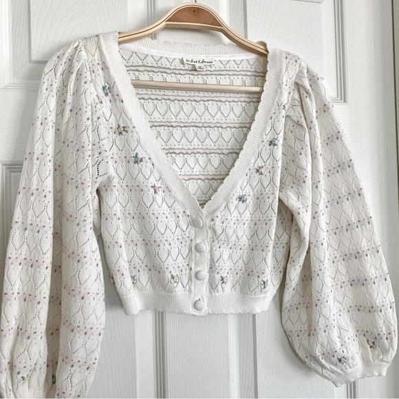 For Love & Lemons White Charleston Crop Balloon Sleeve Cardigan Sweater - Picture 8 of 15